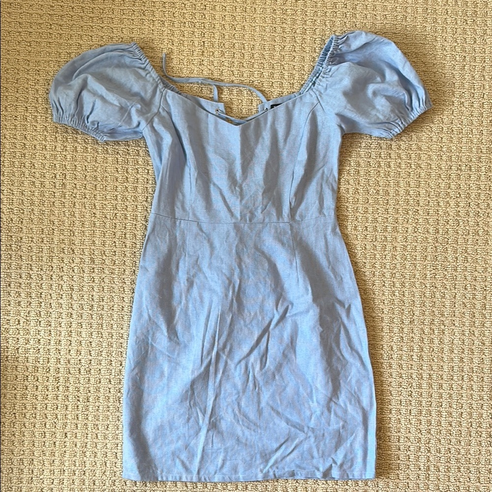 NASTY GAL Light Blue Puff Sleeve Dress, zipper and lace up back, size 2